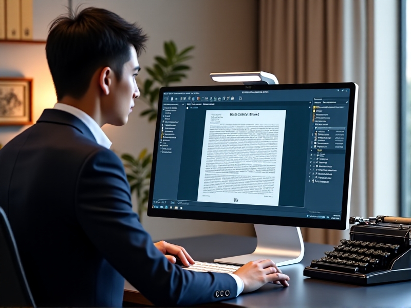 A computer screen displaying OCR software in action, converting a scanned typewritten document into editable text with precise formatting, in a modern office setting.
