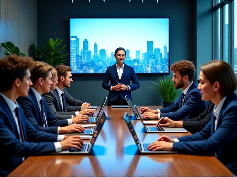 A team of typewriter service technicians gathered around a conference table, learning how to use a new CRM software on their laptops. The trainer is pointing to a large screen displaying the CRM interface, while the team members take notes and ask questions. The atmosphere is collaborative and focused, highlighting the importance of proper training in CRM implementation.