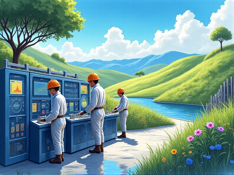 A water treatment facility with workers inspecting equipment and monitoring data on a digital dashboard. The facility is surrounded by a serene landscape with a clear blue sky, highlighting the balance between industrial activity and environmental preservation.