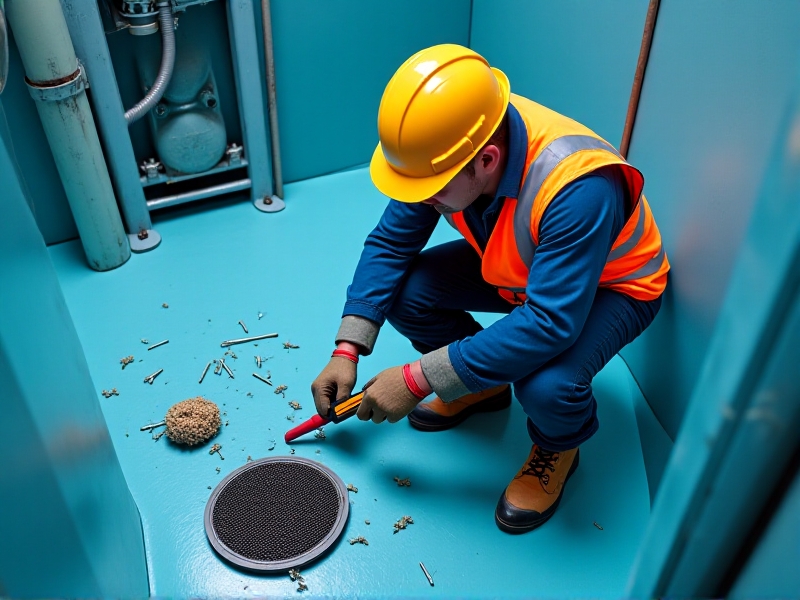 A technician in protective gear repairing water damage in a float tank facility, with tools and equipment scattered around, highlighting the importance of water damage insurance.
